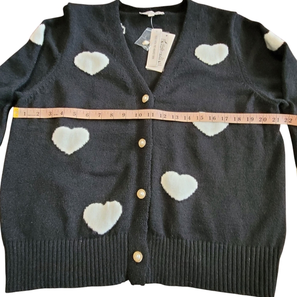 Nanette Lepore Heart Print Cardigan Black White Pearl Button XL Romantic Chic - Picture 16 of 17